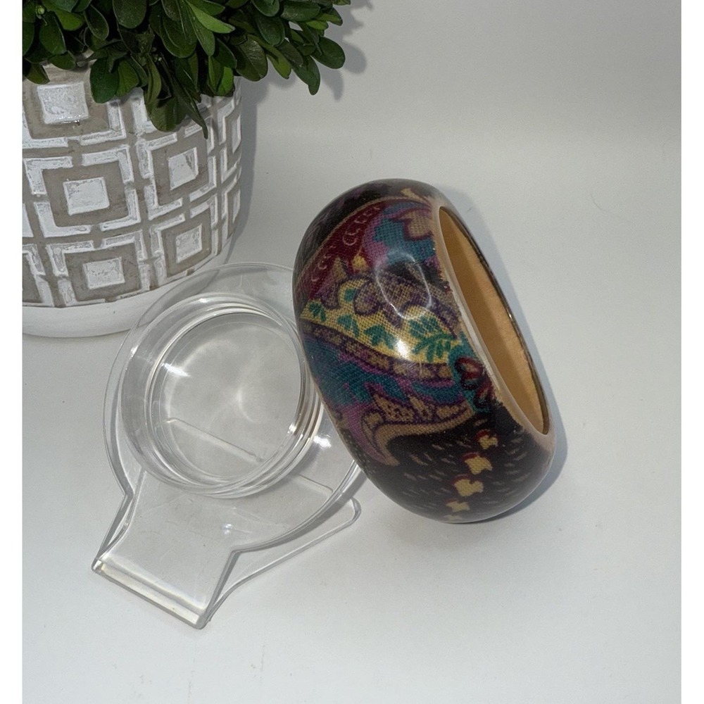 Vintage Fabric-Inlay Lucite Bangle Bracelet — Wide Boho Paisley Resin Cuff 1970s